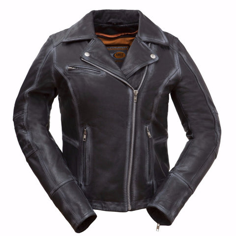 Women's Biker Distressed Seam Look Arcadia Blk Vented Zipper Leather Jacket Thick Leather 