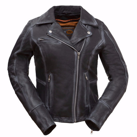 Women's Biker Distressed Seam Look Arcadia Blk Vented Zipper Leather Jacket Thick Leather