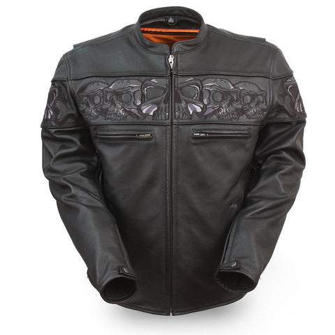 Men's Motorcycle High visibility reflective skull leather jacket thick leather 