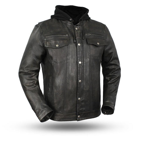 Men's Light weight Vendetta Blk Lamb Skin Leather Jacket with Removable Hoodie