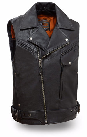 Men's Motorcycle Reckless updated utility leather vest with front pistol pete pocket