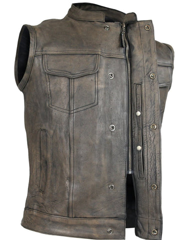 Mens Distressed brown high Zipper Son of anarchy leather vest with exterior Gun Pocket