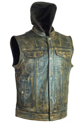 Men's Distressed Brn Son of Anarcy Patch holder Leather Vest Premium Soft Leather with Huddy