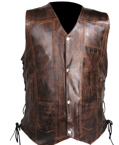 Vintage Brn Leather Biker Vest for Men - Antique look