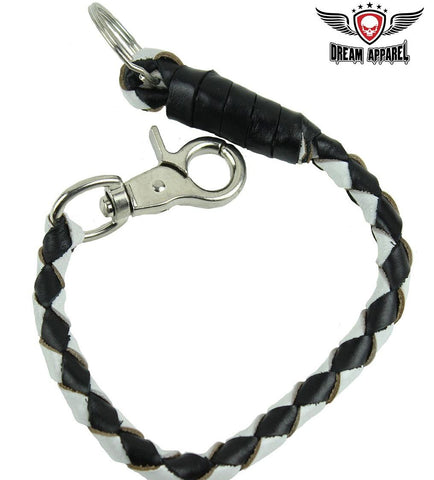 Motorcycle 14" White & Blk old school get back Real Leather whip with Key Chain