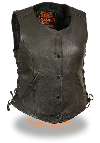 Motorcycle Classic Ladies Leather vest with Side laces and 2 Gun pockets 