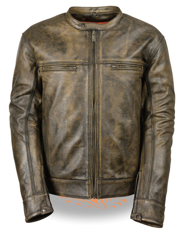 MEN'S MOTORCYCLE DISTRESSED BROWN SPORTY SCOOTER JACKET W/2 GUN POCKETS NAKED