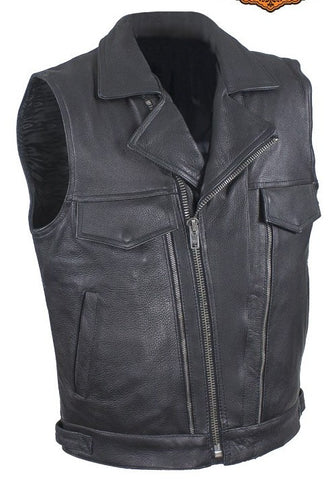 Men's Motorcycle Double Pistol pete Utility style Leather Vest with 2 Chest pockets
