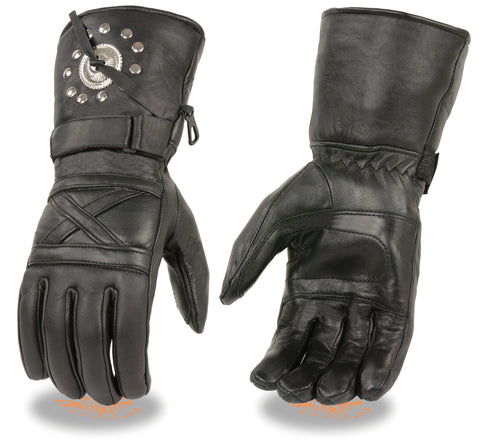 Men's Biker Riding Motorcycle Long Guantlet Leather gloves with Conchos and Studs 