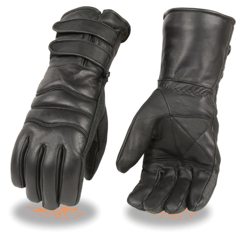 Motorcycle men's butter soft Guantlet leather gloves with 2 Straps Blk