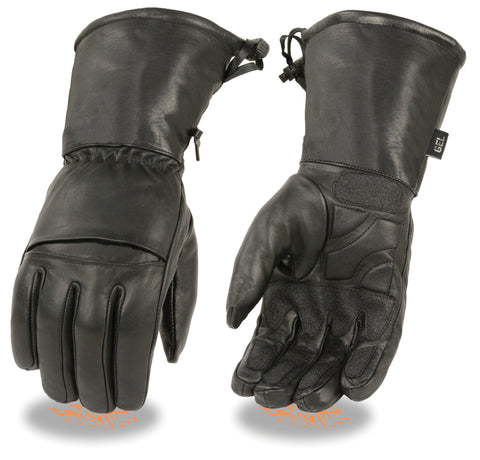 Men's Biker riding drawstring long guantlet blk sure grip leather gloves