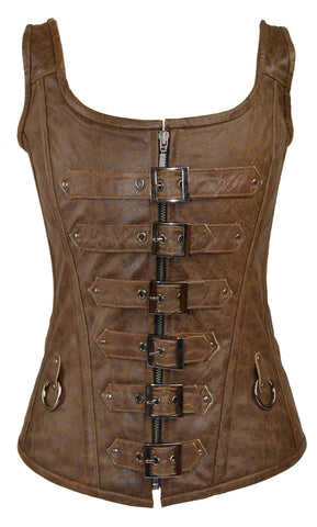 Women's Retro Brn Real Leather Butter soft 6 Buckle Corset
