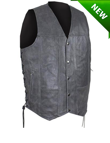 Men's Motorcycle Riding Distressed Grey 10 pocket leather vest single panel back