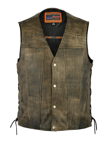 Mens Distressed Brn Antique Look Gambler premium leather vest