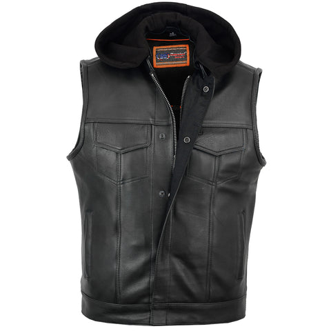 Men's Blk Son of Anarcy Patch holder Leather Vest Premium Soft Leather with Huddy