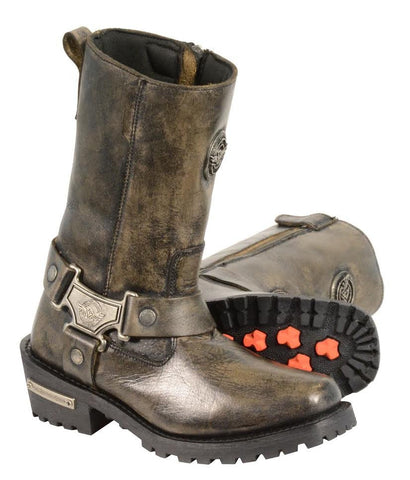 Womens Motorcycle Distressed Brn Leather T Shape Boot with Side Zipper