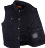 Men's Motorcycle 6 pocket blk denim vest with shirt collar & single panel back