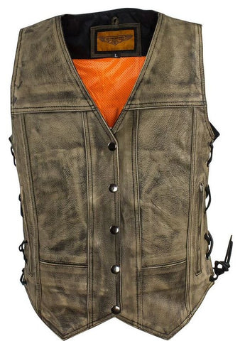 WOMEN'S MOTORCYCLE 7 POCKET DISTRESSED LEATHER VEST W/2 GUN POCKETS.