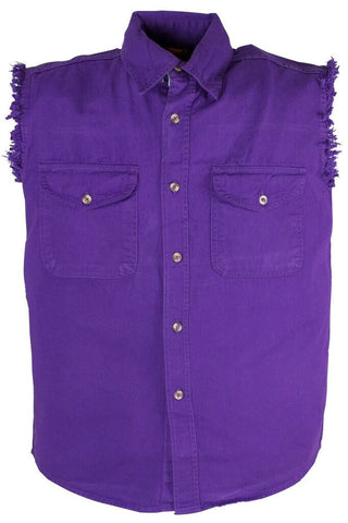 Men's Motorcycle Purple Cotton Half Sleeve Cut off shirt with fryed sleeves