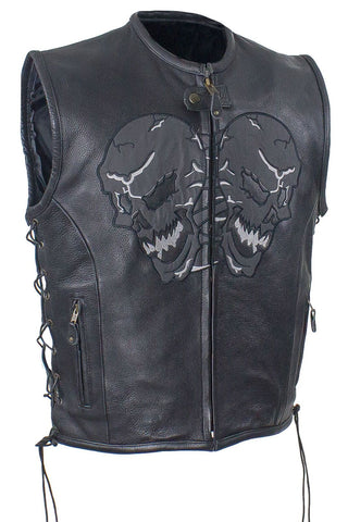 Men's Motorcycle Reflective Skull Leather blk vest w/2 gun pockets