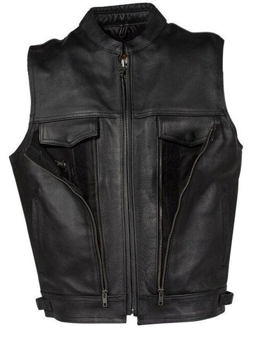 MENS LEATHER MOTORCYCLE VEST WITH 2 FRONT PISTOL PETE GUN POCKETS