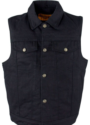 Men's Motorcycle 6 pocket blk denim vest with shirt collar & single panel back 