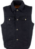 Men's Motorcycle 6 pocket blk denim vest with shirt collar & single panel back