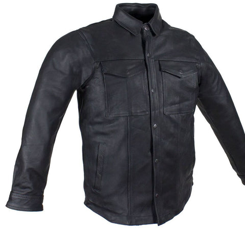 Men's Blk Motorcycle Leather Shirt with 2 chest pockets
