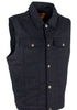 Men's Motorcycle 6 pocket blk denim vest with shirt collar & single panel back