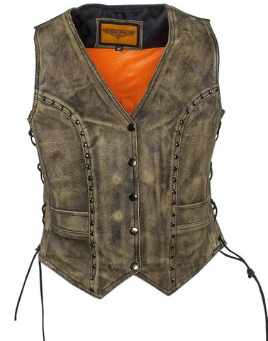 WOMEN'S MOTORCYCLE DISTRESSED STUDED LACE SIDE VEST WITH 2 GUN POCKETS