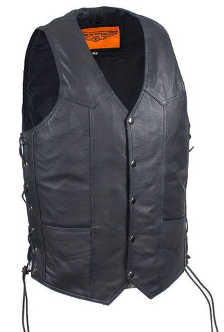 Men's Motorcycle Blk Classic Side lace plain leather vest with 2 Gun pockets