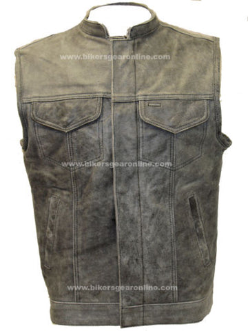 Men's Distressed Grey Son of Anarcy Patch holder Leather Vest Premium Soft Leather 