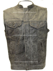 Men's Distressed Grey Son of Anarcy Patch holder Leather Vest Premium Soft Leather