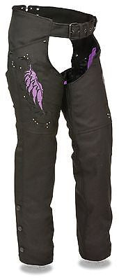 Motorcycle women's light weight purple textile chap with wing and rivet detailing 