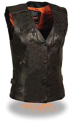 WOMEN'S MOTORCYCLE RIDING BLK LEATHER VEST W/REFLECTIVE TRIBAL DESIGN & PIPING 