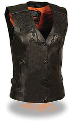 WOMEN'S MOTORCYCLE RIDING BLK LEATHER VEST W/REFLECTIVE TRIBAL DESIGN & PIPING