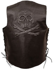 Men's Motorcycle Retro Brn Skull & Cross Bones embossed back leather vest