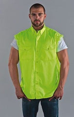 MEN'S MOTORCYCLE FLOURSCENT COTTON HALF SLEEVE CUT OFF SHIRT WITH FRAYED SLEEVES