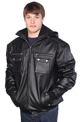MEN'S BLK  BOMER LEATHER JACKET WITH REMOVABLE HOOD VERY SOFT LEATHER W/ELASTICS 