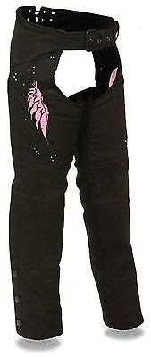 Motorcycle women's light weight textile pink chap with wing and rivet detailing 