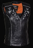 WOMEN'S MOTORCYCLE RIDING BLK LEATHER VEST W/REFLECTIVE TRIBAL DESIGN & PIPING 
