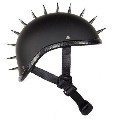 giant man wears spiked motorcycle helmet Motorcycle Flat Blk Gladiator Novelty Helmet with Punky Spikes – Leather Place