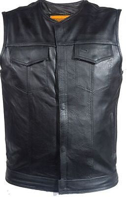 Men's Motorcycle Son Of Anarcy Leather Collarless vest with 2 Gun pockets inside 
