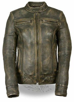 WOMEN'SMOTORCYCLE DISTRESSED BROWN SPORTY SCOOTER JACKET W/2 GUN POCKETS NEW 