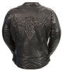 WOMEN'S MOTORCYCLE RIDING BLK LEATHER JACKET WITH PHOENIX STUDDING EMBROIDERY 