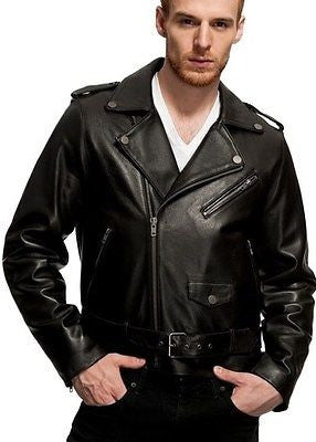 MEN'S CLASSIC M/C SOFT REAL LEATHER JACKET WITH BELT VERY SOFT NZ LAMB SKIN 