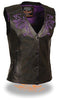 WOMEN'S MOTORCYCLE RIDING PURPLELEATHER VEST W/REFLECTIVE TRIBAL DESIGN & PIPING 