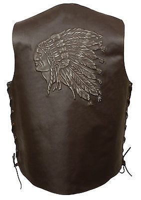 Men's Motorcycle Brn Side Lace leather vest with Indian Head Back 