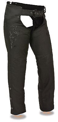 Motorcycle women's light weight textile blk reflective wing and detailing chap 
