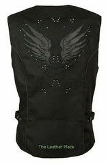 WOMEN'S MOTORCYCLE RIDING BLACK TEXTILE VEST W/ STUD & WINGS DETAILING